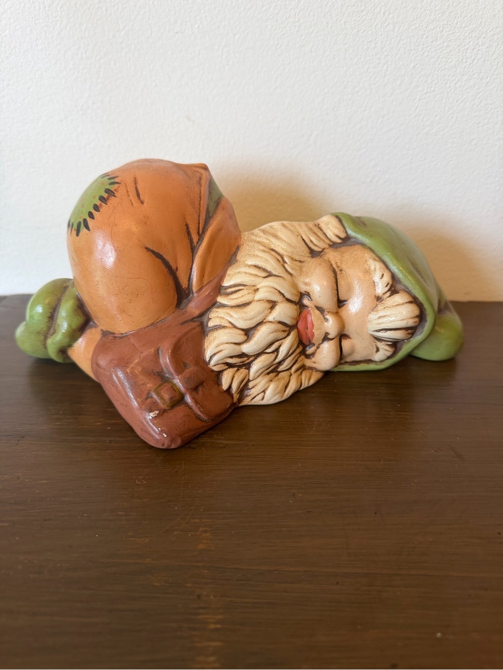 Vintage Hand-Painted Ceramic Sleeping Gnome Figurine in Green and Brown